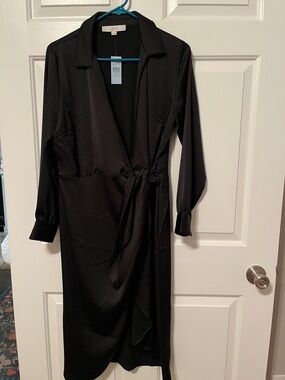 NWT LOFT Black Wrap Midi Shirt Dress